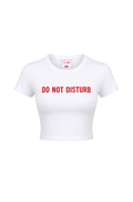 White t-shirt with 'DO NOT DISTURB' text in red 