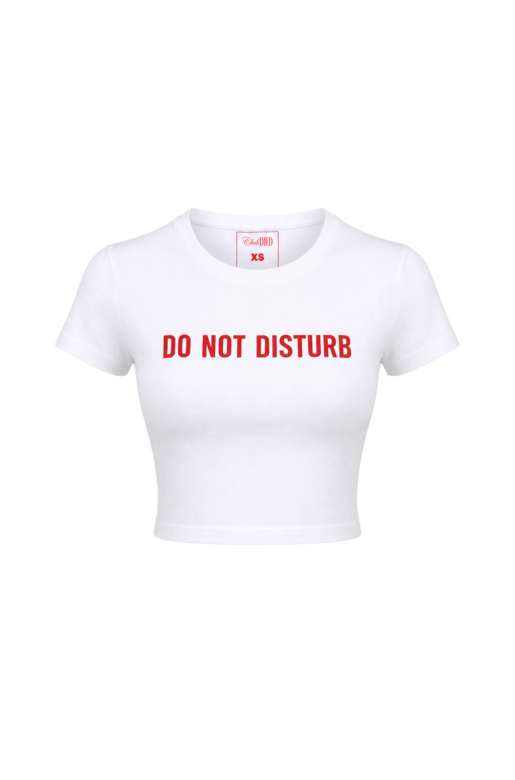 White t-shirt with 'DO NOT DISTURB' text in red 